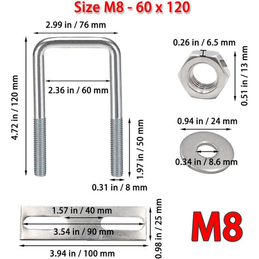 Square U-Bolts, 60X120Mm Stainless Steel U-Bolts, M8 U-Bolt With Frame Plate Nut And Washer, M8 U-Bolt For V1188-MS-227-1874
