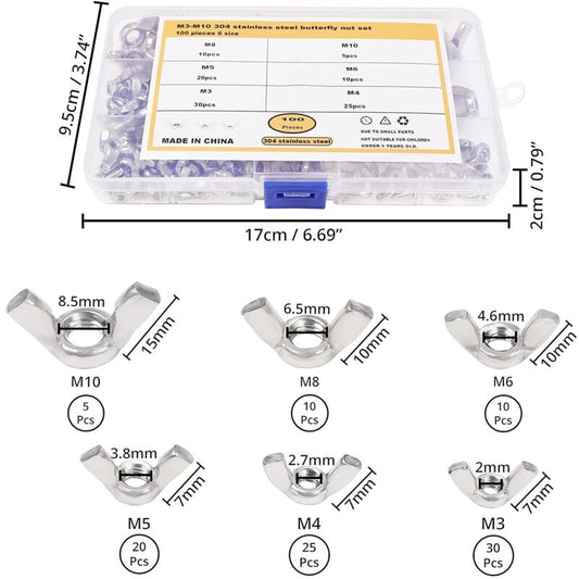 Wing Nut Assortment (100 Pieces) - Sizes M3, M4, M5, M6, M8 And M10 - 304 Stainless Steel Fastener Screws - V1188-MS-227-1878