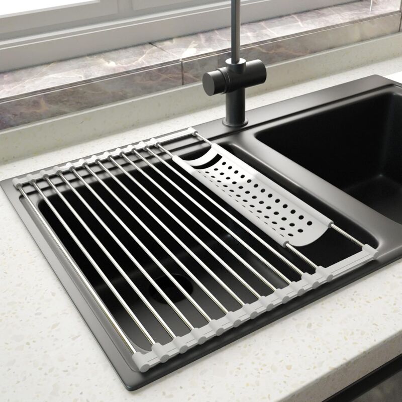 Stainless Steel Kitchen Dish Drainer Rack Foldable And Removable Stainless Steel ROller Drying Rack For Sink V1188-MS-227-1905