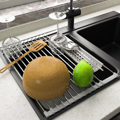 Stainless Steel Kitchen Dish Drainer Rack Foldable And Removable Stainless Steel ROller Drying Rack For Sink V1188-MS-227-1905