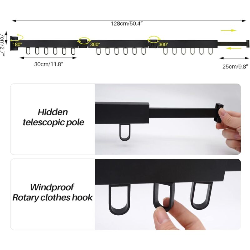 3 Tier Extendable Wall Mounted Clothes Drying Rack For Balcony And Bathroom Black Foldable Wall Mounted V1188-MS-227-1920