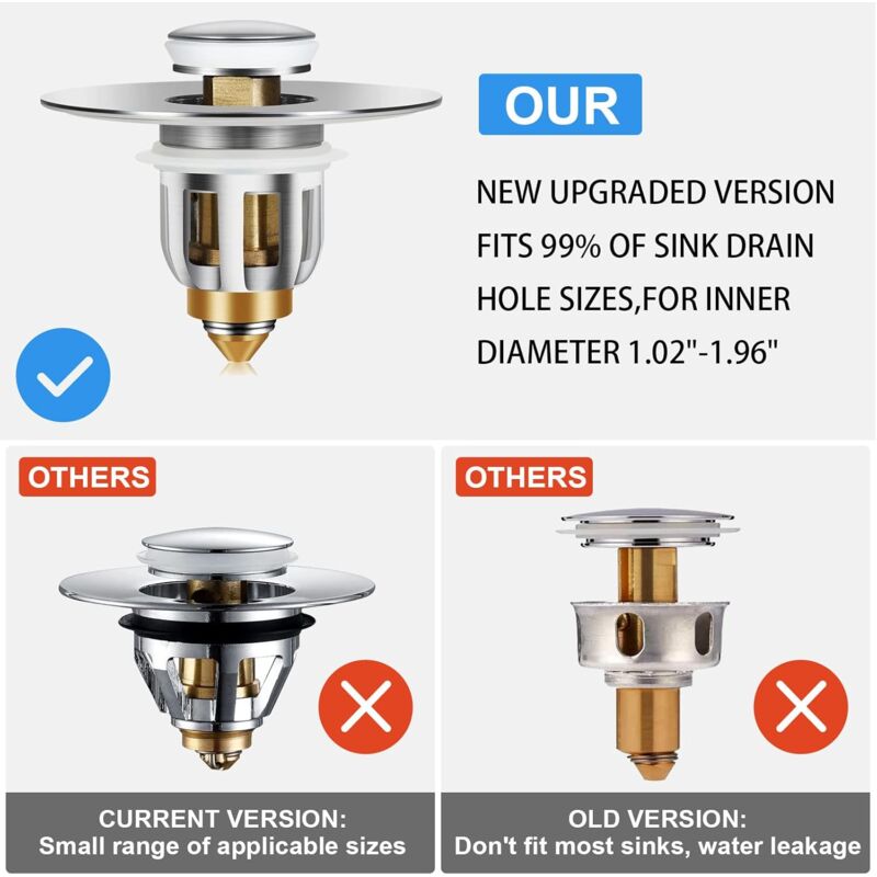 Pop-Up Sink Plug, Universal Pop Up Sink Plug With Anti-Clogging Filter, Anti-Odor Hair Filter For 26-42Mm V1188-MS-227-1928