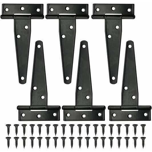 6 pcs Black T-Hinge Barn Door Hinge 4 Inch Exterior T-Hinges With 36 Screws Iron Door Hinges Heavy Duty V1188-MS-227-1937