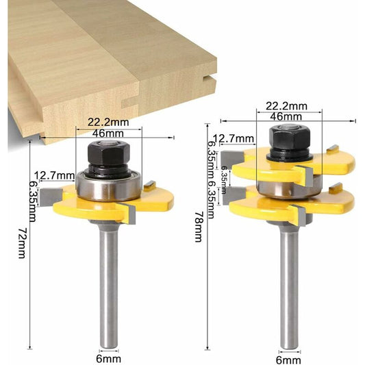 6Mm Shank Matched Tongue And Groove ROuter Bit Set 3 Teeth T Shape Wood Cutter Cutting Woodworking Tool (6Mm) V1188-MS-227-1942