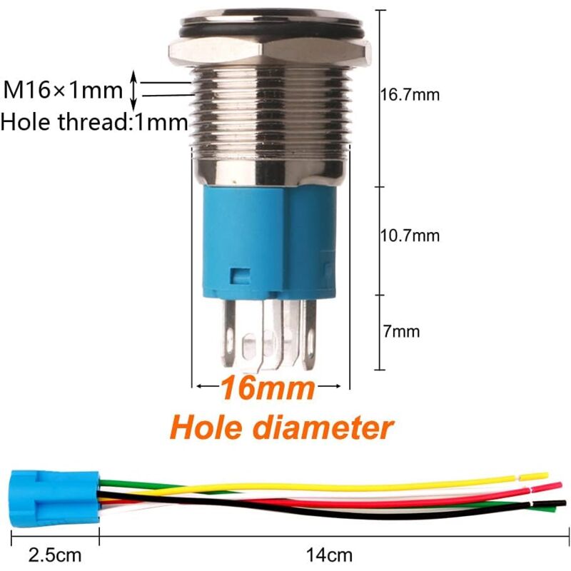 12V-24V/5A 16Mm Pre-Wired Momentary Horn Push Button Switch Waterproof Metal Button With Red LED V1188-MS-227-1961