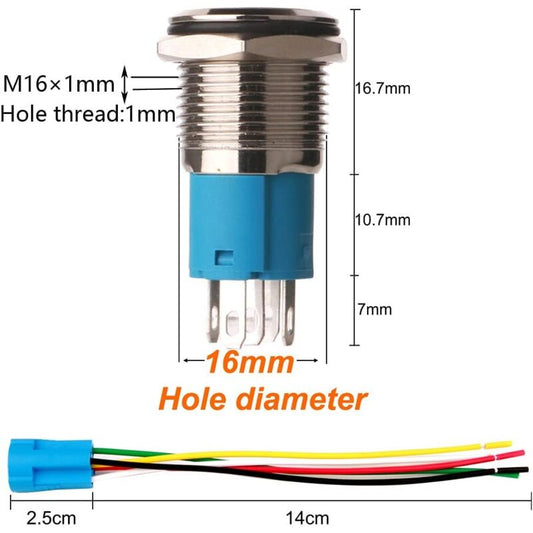 12V-24V/5A 16Mm Pre-Wired Momentary Horn Push Button Switch Waterproof Metal Button With Red LED V1188-MS-227-1961