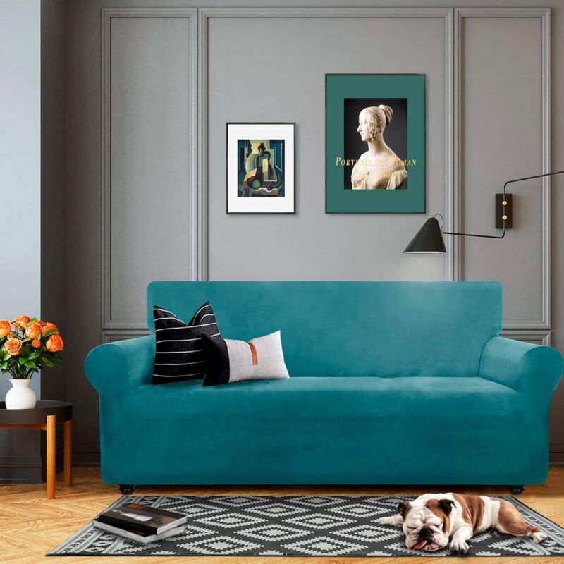 Velvet Sofa Cover 3 Seater Thick Stretch Sofa Slipcovers (3 Seater, Peacock Blue) V1188-MS-227-1998