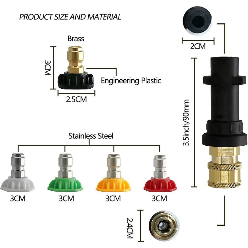 Pressure Washer Adapter, To 1/4" Quick Connect For Karcher K2-K7, With 5 Pressure Washer Nozzle Tips, V1188-MS-227-2008