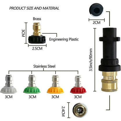 Pressure Washer Adapter, To 1/4" Quick Connect For Karcher K2-K7, With 5 Pressure Washer Nozzle Tips, V1188-MS-227-2008