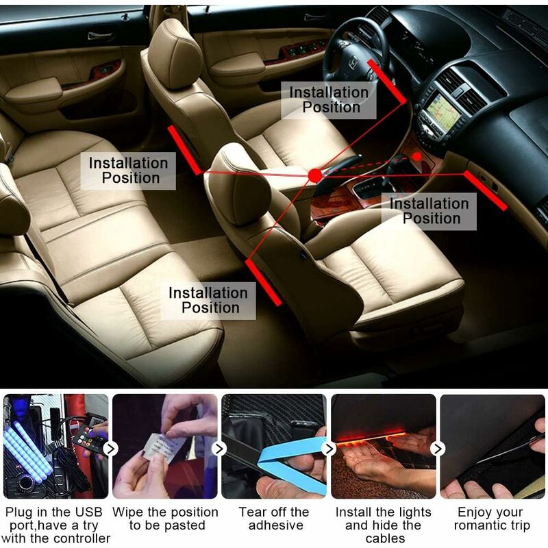 Car Interior LED Lights - Car Interior Lamp, 48 LED Car Strip Lights With Wireless Remote Control, Upgraded V1188-MS-227-2052