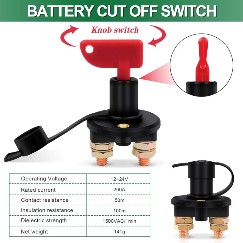 Isolator Switch 12V/24V Battery Isolator Disconnect Max 200A For Car, Truck, Boat, Vehicles Power Cut Off V1188-MS-227-2077