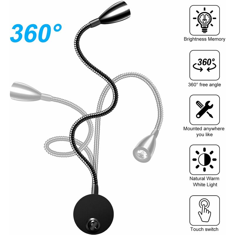 Bedside Wall Lamp 2 Pack Lights Wall Mounted Reading Light LED Gooseneck Light 3W, 6000K Warm White Reading V1188-MS-227-2093