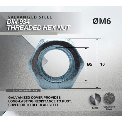 Nut 50 Hexagonal Nut M6 5Mm X 10Mm Galvanized Steel Din 934 Nut M6 For Bolts And Nuts, Coupling Elements, V1188-MS-227-2100