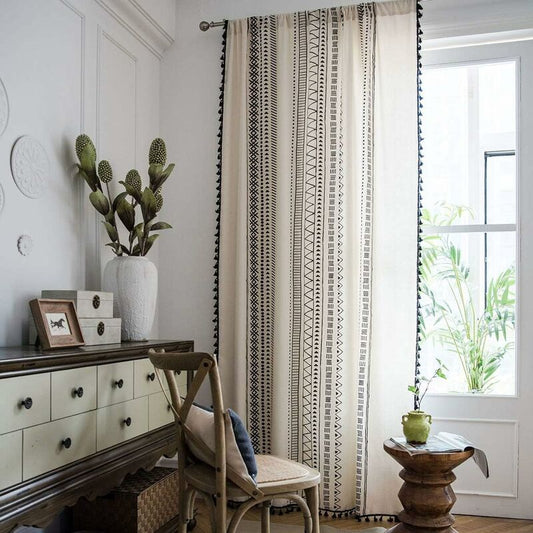 1 Panel Bohemian Curtains Cotton Linen Black Tassel Curtains For Living ROom Bedroom (White, 150 X 180 Cm) V1188-MS-227-2106