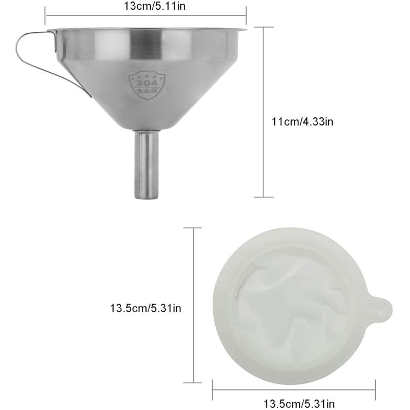 5" Food Grade Stainless Steel Kitchen Funnel With Removable 200 Mesh Filter And Handle Strainer Funnel For V1188-MS-227-2108