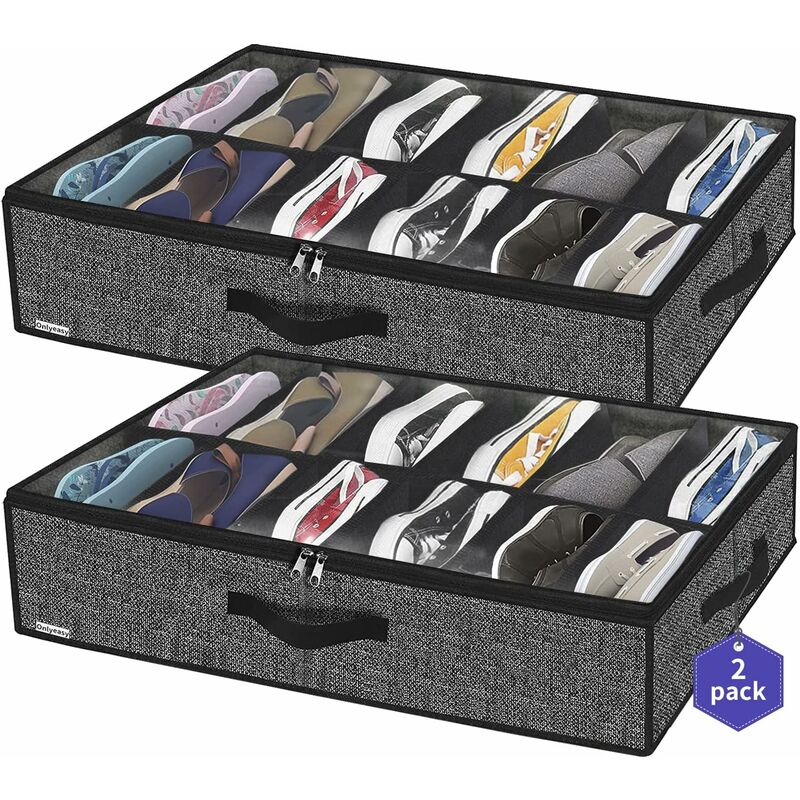 2 Pack Shoe Storage Bag With Clear Window - 12 Compartment Shoe Organizer For Under Bed Storage, Black Linen V1188-MS-227-2114