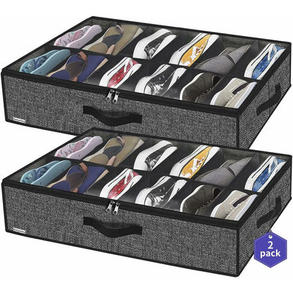 2 Pack Shoe Storage Bag With Clear Window - 12 Compartment Shoe Organizer For Under Bed Storage, Black Linen V1188-MS-227-2114