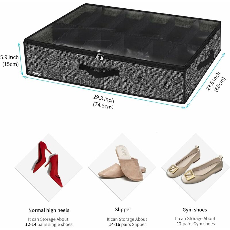 2 Pack Shoe Storage Bag With Clear Window - 12 Compartment Shoe Organizer For Under Bed Storage, Black Linen V1188-MS-227-2114