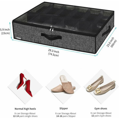 2 Pack Shoe Storage Bag With Clear Window - 12 Compartment Shoe Organizer For Under Bed Storage, Black Linen V1188-MS-227-2114