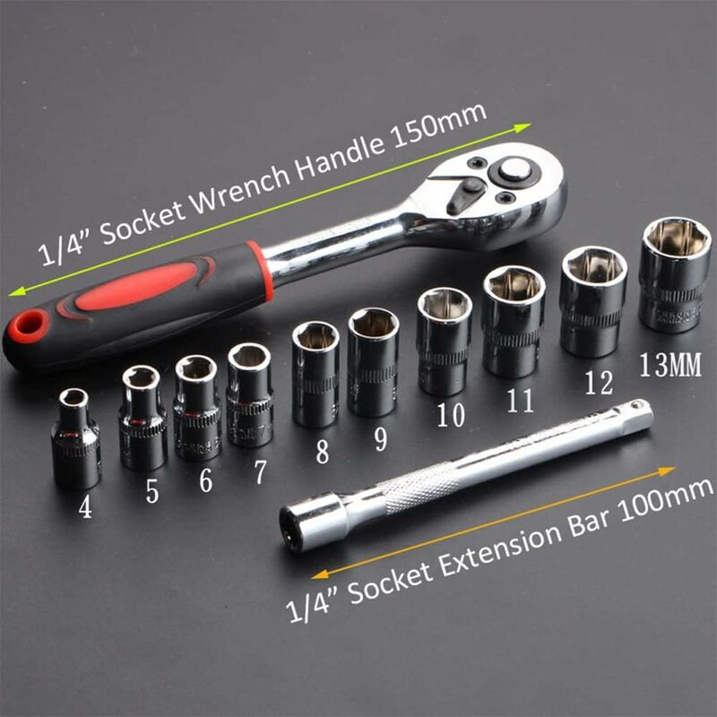 12 Piece 6.35Mm Ratchet Wrench Set, Mechanics Tool Kit & Sockets With Quick Release Reversible Ratchet Handle V1188-MS-227-2126