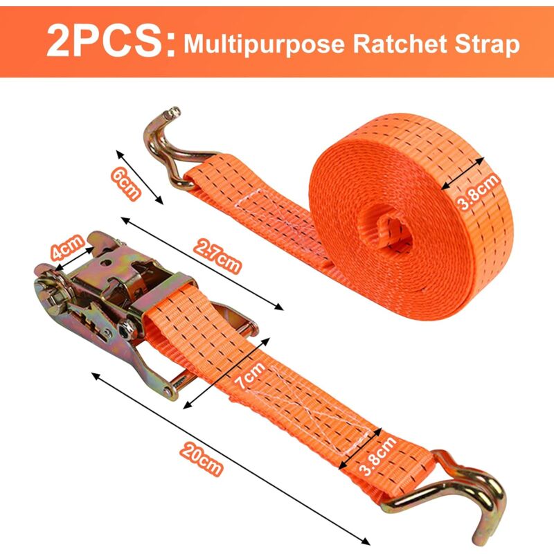 2 Pieces Ratchet Strap With Hooks, Length 6 M, Width 3.8 Mm, Ratchet Tie Down Strap, Tensioning Straps, V1188-MS-227-2134