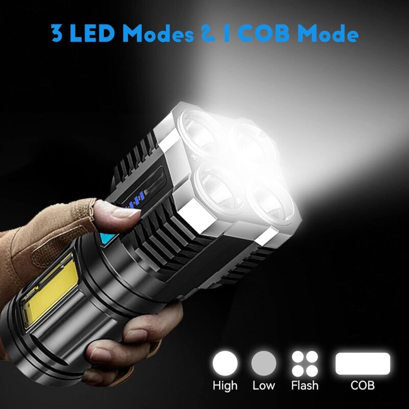 Super Bright LED Torches, Usb Rechargeable Torch With Side Light 4 Modes Cob Powerful Lumens For Outdoor V1188-MS-227-2143
