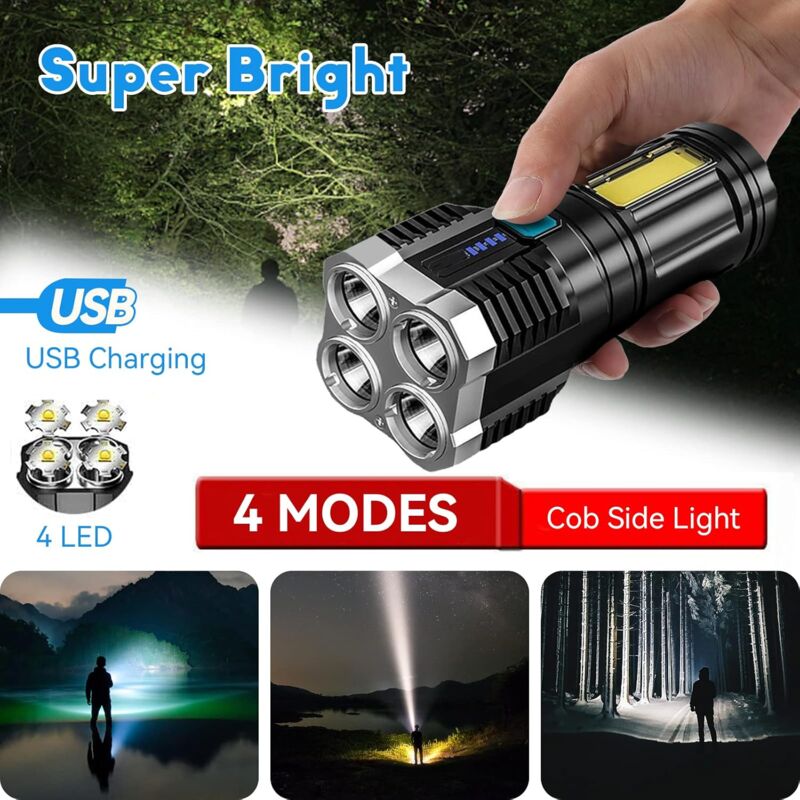 Super Bright LED Torches, Usb Rechargeable Torch With Side Light 4 Modes Cob Powerful Lumens For Outdoor V1188-MS-227-2143