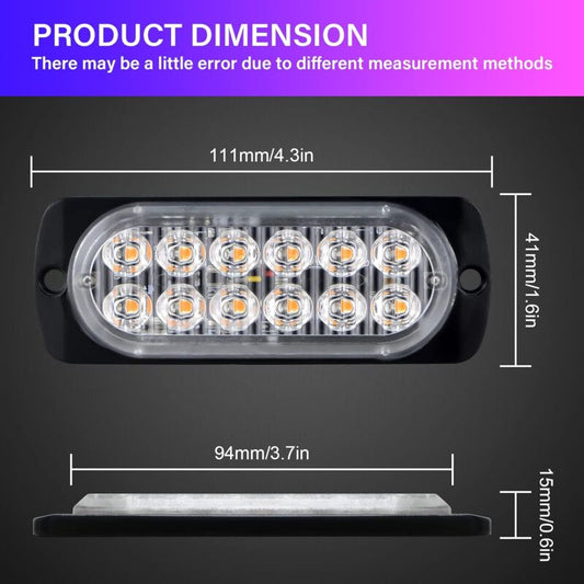 2 pcs 12 LED Amber Strobe Brake Light, 12V 24V LED Light Bar For Offroad Vehicle Car Van Boat Trailer V1188-MS-227-2144