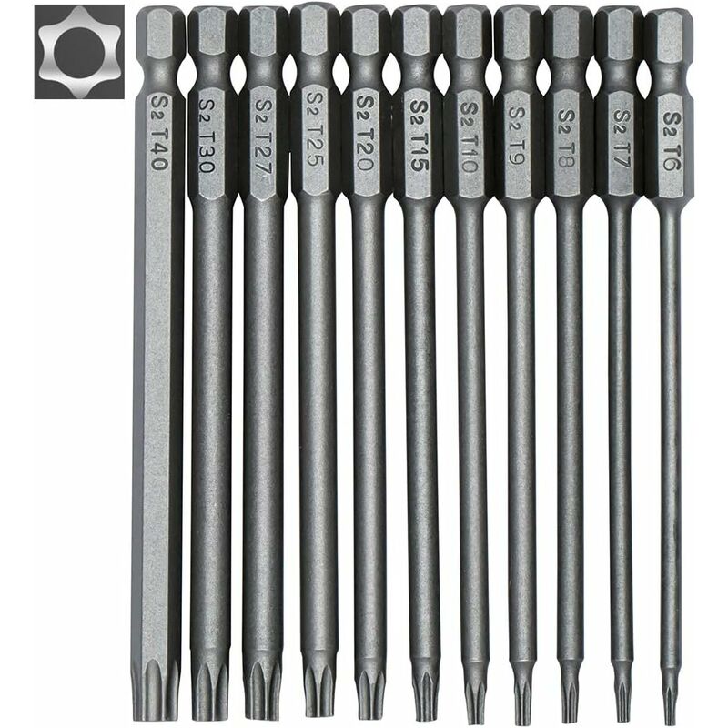 11 Piece Long Torx Screwdriver Bit Set - Magnetic Bits - 1/4" Hex Shank - Sizes T6 To T40 - 100Mm Length V1188-MS-227-2166