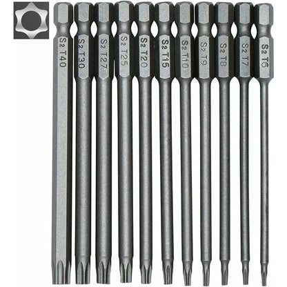 11 Piece Long Torx Screwdriver Bit Set - Magnetic Bits - 1/4" Hex Shank - Sizes T6 To T40 - 100Mm Length V1188-MS-227-2166