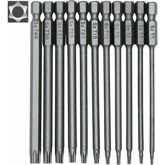 11 Piece Long Torx Screwdriver Bit Set - Magnetic Bits - 1/4" Hex Shank - Sizes T6 To T40 - 100Mm Length V1188-MS-227-2166