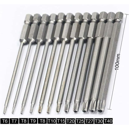 11 Piece Long Torx Screwdriver Bit Set - Magnetic Bits - 1/4" Hex Shank - Sizes T6 To T40 - 100Mm Length V1188-MS-227-2166