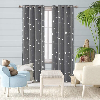 2 pcs Set Thermal Blackout Curtains Anti Cold Silver Star Pattern Eyelet Curtains 132X245Cm Light Grey V1188-MS-227-2194