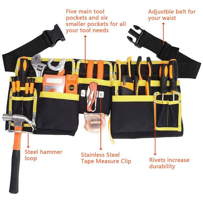 Tool Belt With 11 Pockets, Waterproof Oxford Fabric Tool Holder With Adjustable Straps, For Electricians, V1188-MS-227-2209