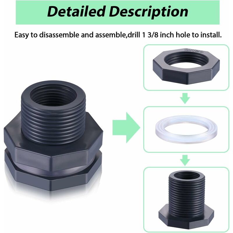 2-Piece Pvc Bulkhead Fitting For Rain Barrels, Aquariums, Water Tanks (3/4") V1188-MS-227-2233