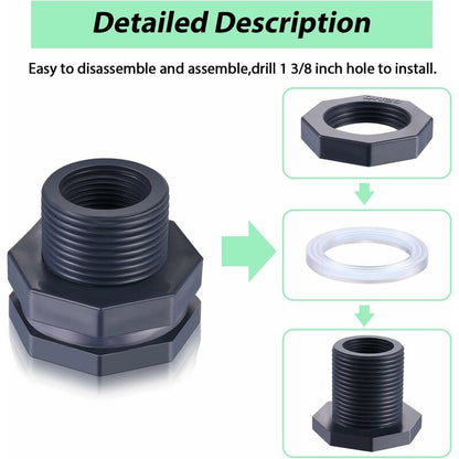 2-Piece Pvc Bulkhead Fitting For Rain Barrels, Aquariums, Water Tanks (3/4") V1188-MS-227-2233