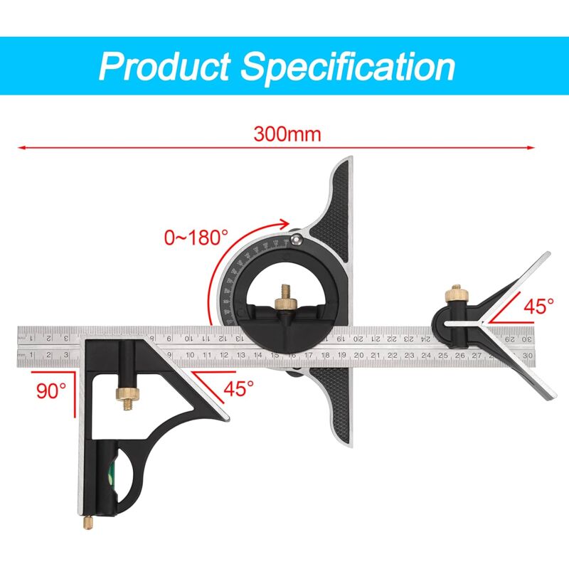 Metal Combination Square Multi-Function Carpentry Ruler Combination Angle Ruler With Zero Level Protractor V1188-MS-227-2253