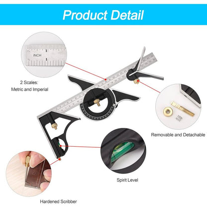 Metal Combination Square Multi-Function Carpentry Ruler Combination Angle Ruler With Zero Level Protractor V1188-MS-227-2253