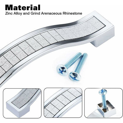 10 pcs Alloy Rhinestone Crystal Drawer Pulls Handles For Dresser Kitchen Cabinet Cupboard, Silver, 96Mm-10 pcs V1188-MS-227-2270