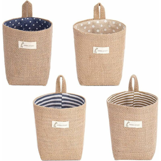 4 Pieces Foldable Storage Basket With Handle, Hanging Storage Bag, Cotton Linen Storage Basket Bag, 4 Colors, V1188-MS-227-2284