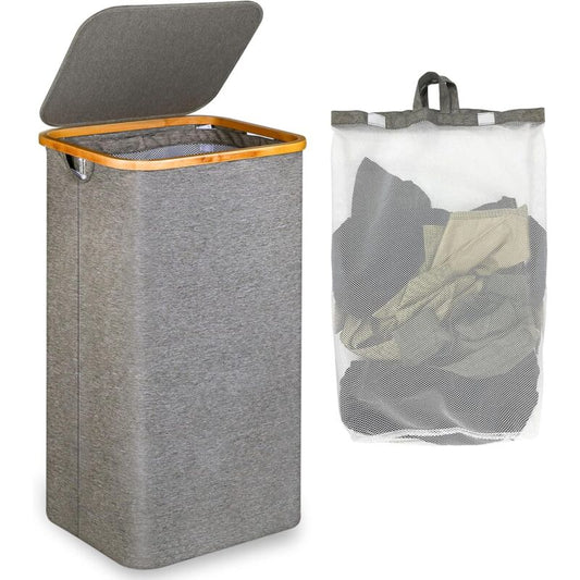 Large Laundry Basket With Lid, 100L Dirty Basket With Bamboo Handles For Clothes, Laundry Basket Xxl Foldable V1188-MS-227-2309