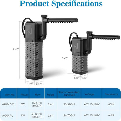 Adjustable Aquarium Filter 600L/H Aquarium Pump, Ultra-Quiet Internal Aquarium Filter Suitable For Aquariums V1188-MS-227-2316