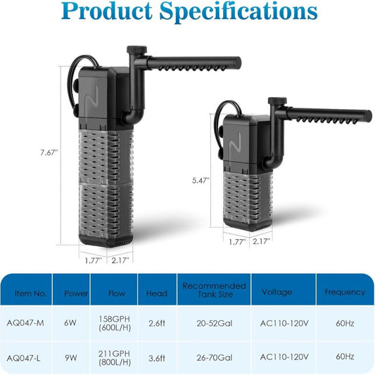 Adjustable Aquarium Filter 600L/H Aquarium Pump, Ultra-Quiet Internal Aquarium Filter Suitable For Aquariums V1188-MS-227-2316