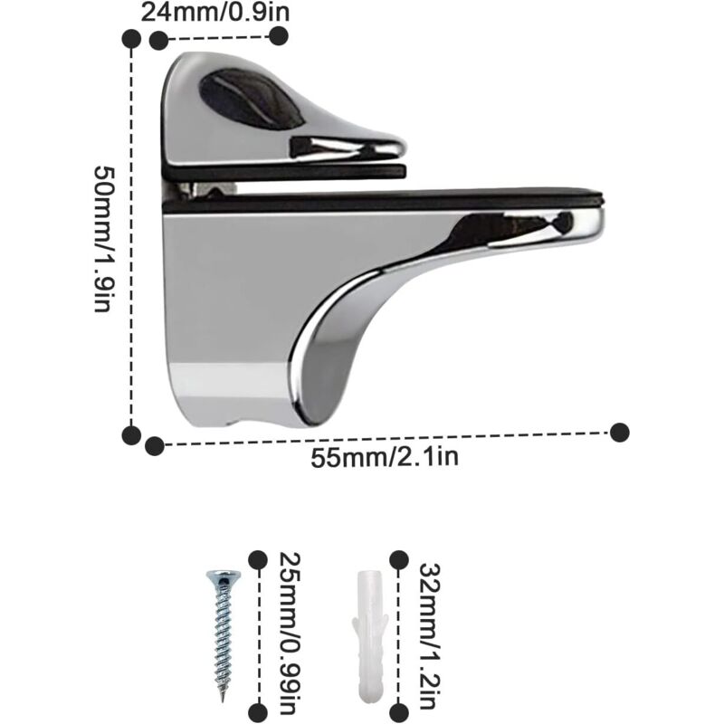 2-Piece Adjustable Glass Shelf Bracket, Support For 5-21Mm Thickness Wood/Glass Shelves V1188-MS-227-2377