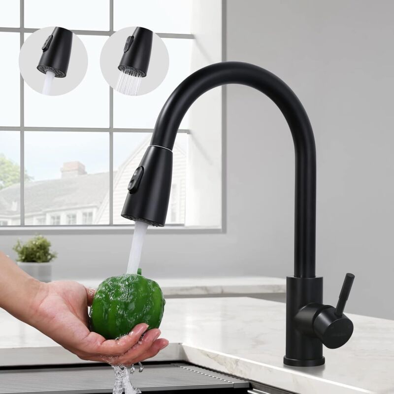Black Kitchen Faucet, Stainless Steel Pull-Down Sprayer Sink Mixer Tap, 2 Spray Modes Kitchen Mixer Tap, High V1188-MS-227-2416