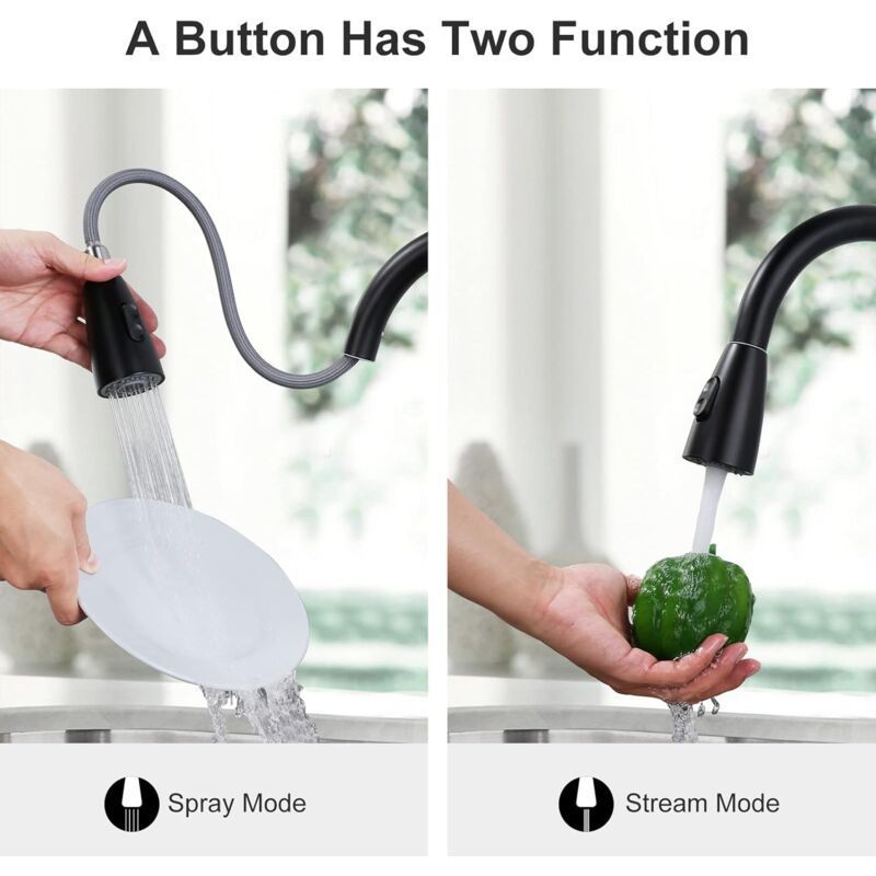 Black Kitchen Faucet, Stainless Steel Pull-Down Sprayer Sink Mixer Tap, 2 Spray Modes Kitchen Mixer Tap, High V1188-MS-227-2416