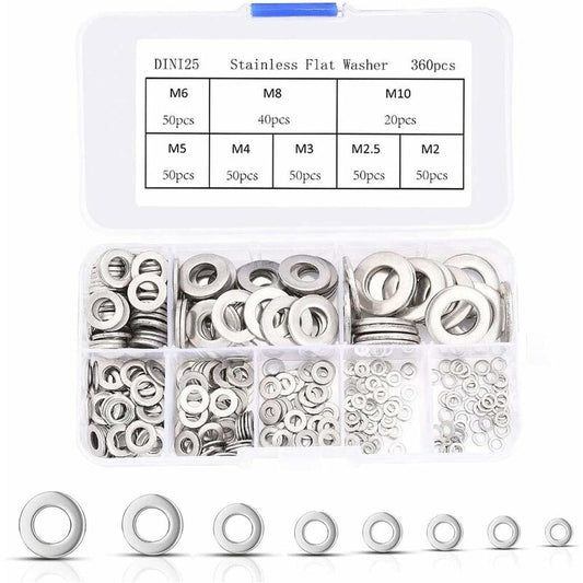 360 pcs Stainless Steel Flat Washers Assortment Kit, M2.5 M3 M4 M5 M6 M8 M10 M12 Metal Washers For Screw V1188-MS-227-2500
