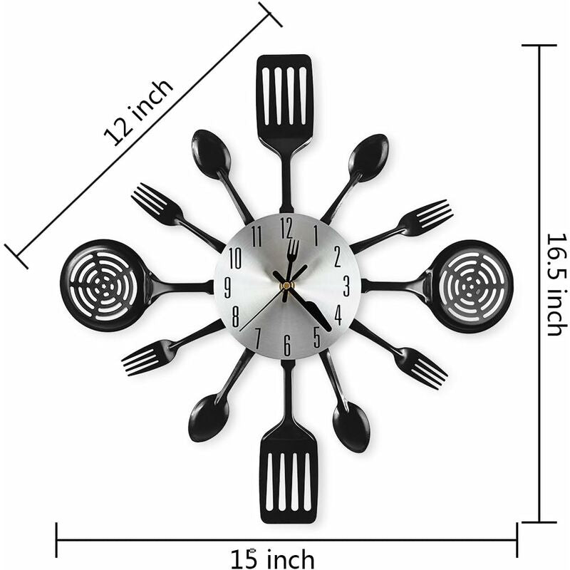 16" Large Kitchen Wall Clocks With Spoons And Forks, Great Home Decor And Nice Gifts, Black V1188-MS-227-2502