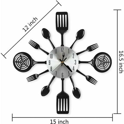 16" Large Kitchen Wall Clocks With Spoons And Forks, Great Home Decor And Nice Gifts, Black V1188-MS-227-2502