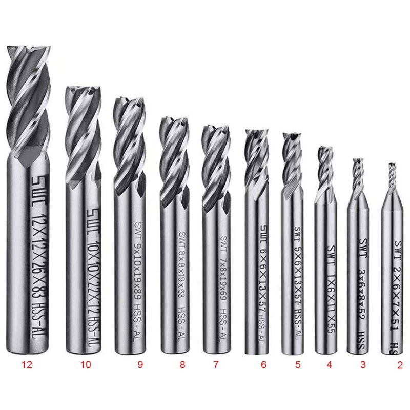 10 pcs 4 Flute End Mill Bit Set - 2-12Mm Hss Straight Shank Drill Bit Set Cnc Drill Bits Tool Set For Wood V1188-MS-227-2546